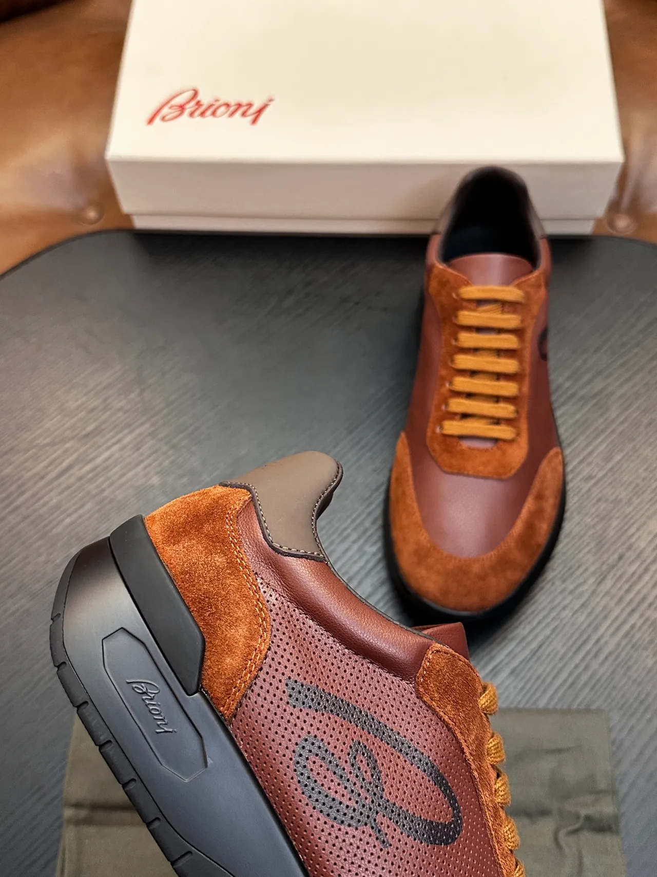 Brioni Brown Suede and Perforated Leather Lace-Up Casual Shoe 7