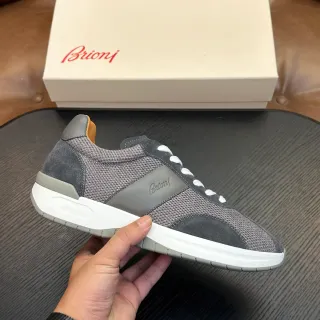 Brioni Tênis lifestyle cinza e branco malla e camurça híbrido superior script de marca embossado