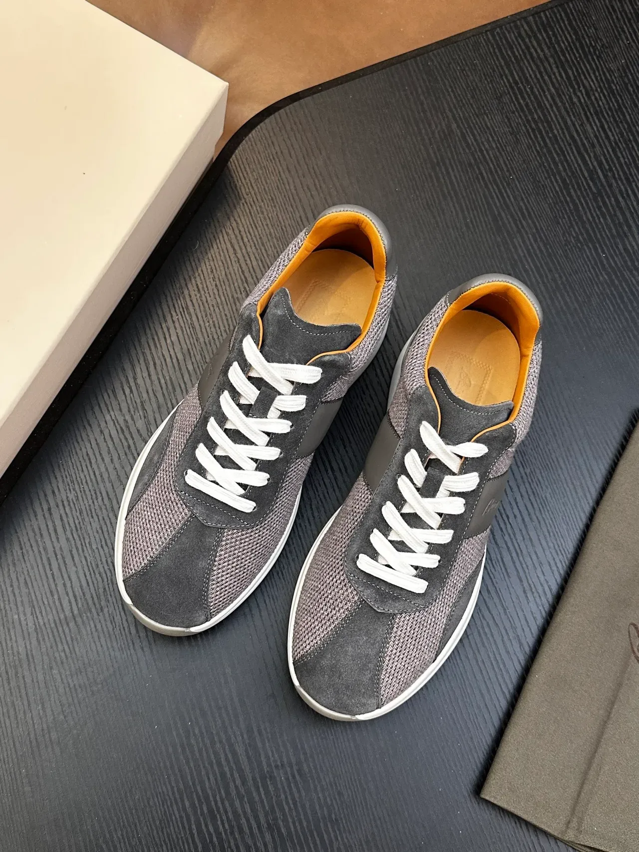 Brioni Gray White Mesh And Suede Hybrid Upper Embossed Brand Script Lifestyle Sneakers 2