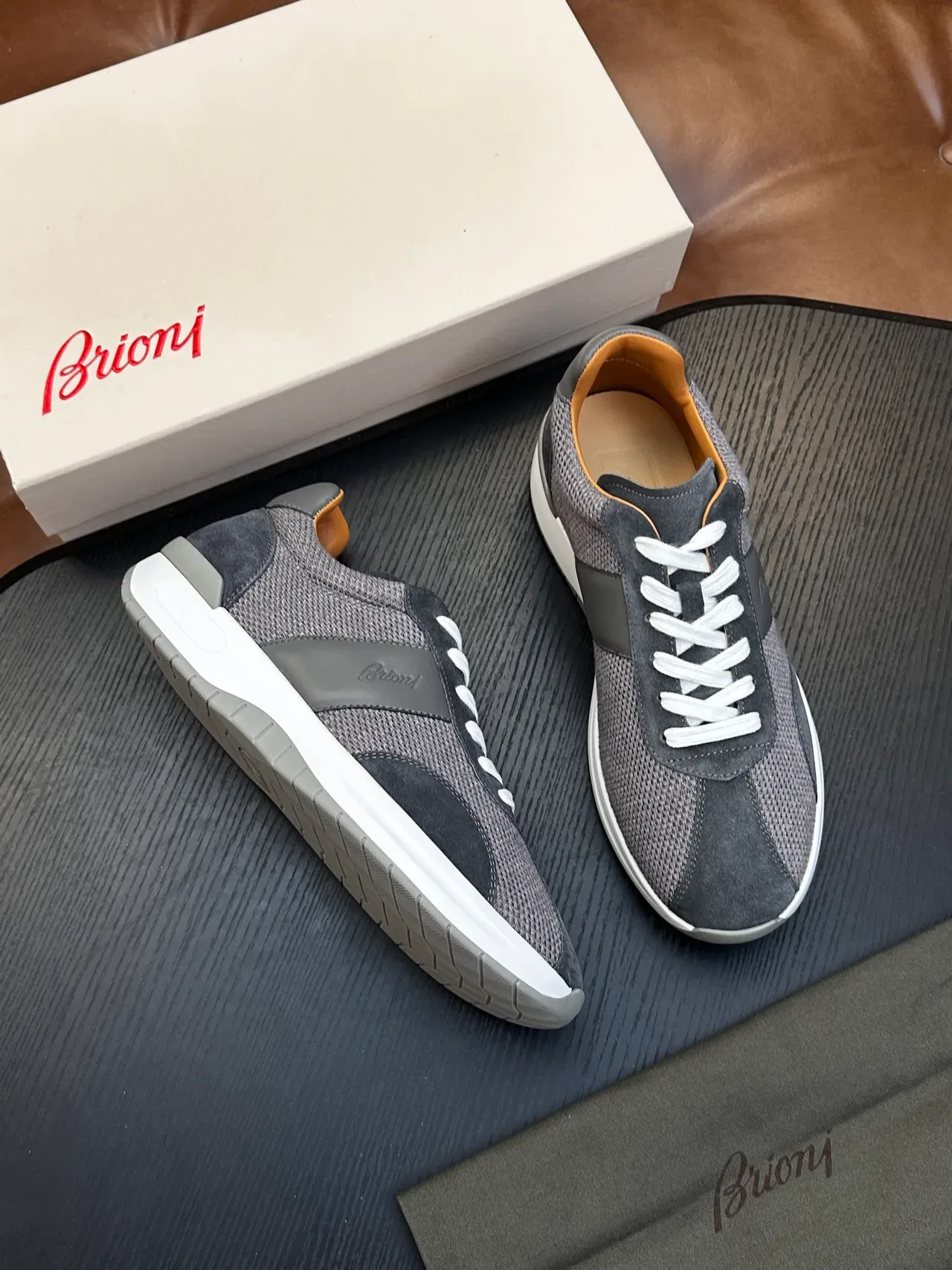 Brioni Gray White Mesh And Suede Hybrid Upper Embossed Brand Script Lifestyle Sneakers 3