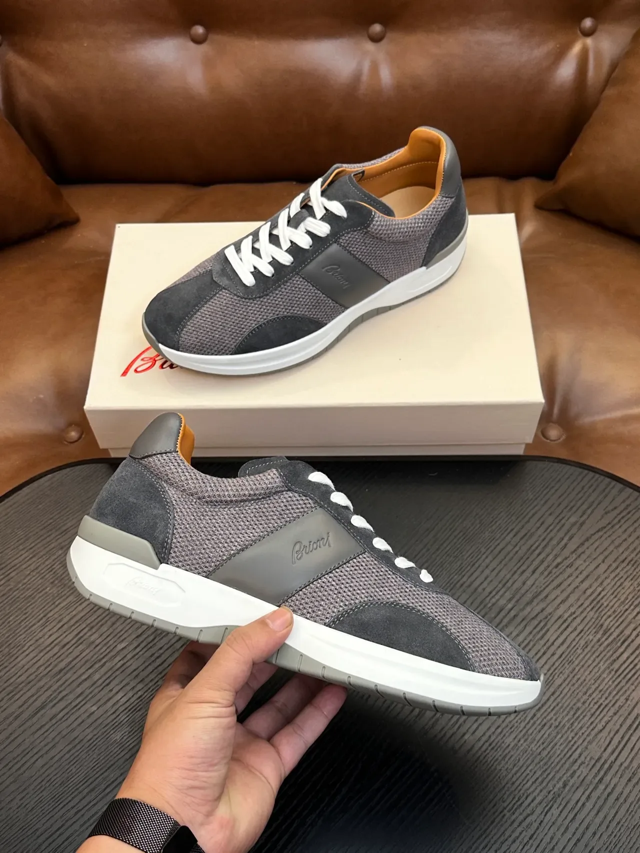 Brioni Gray White Mesh And Suede Hybrid Upper Embossed Brand Script Lifestyle Sneakers 4