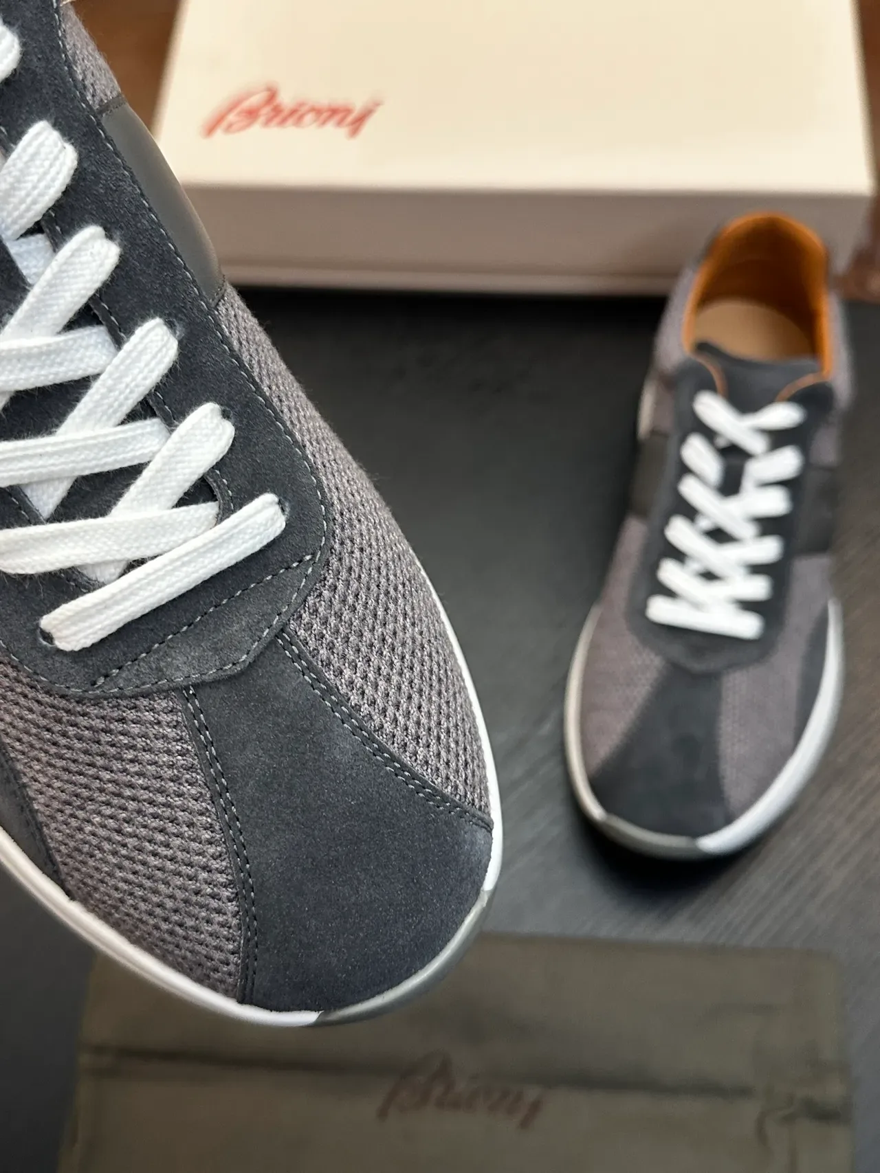 Brioni Gray White Mesh And Suede Hybrid Upper Embossed Brand Script Lifestyle Sneakers 5