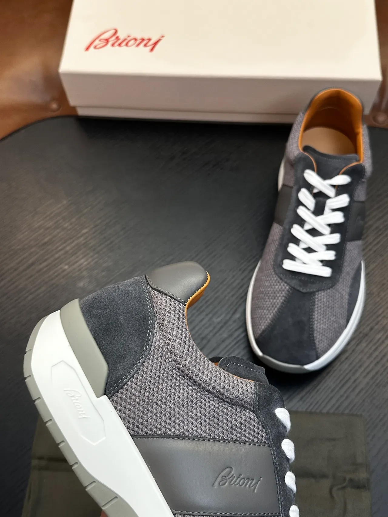 Brioni Gray White Mesh And Suede Hybrid Upper Embossed Brand Script Lifestyle Sneakers 6