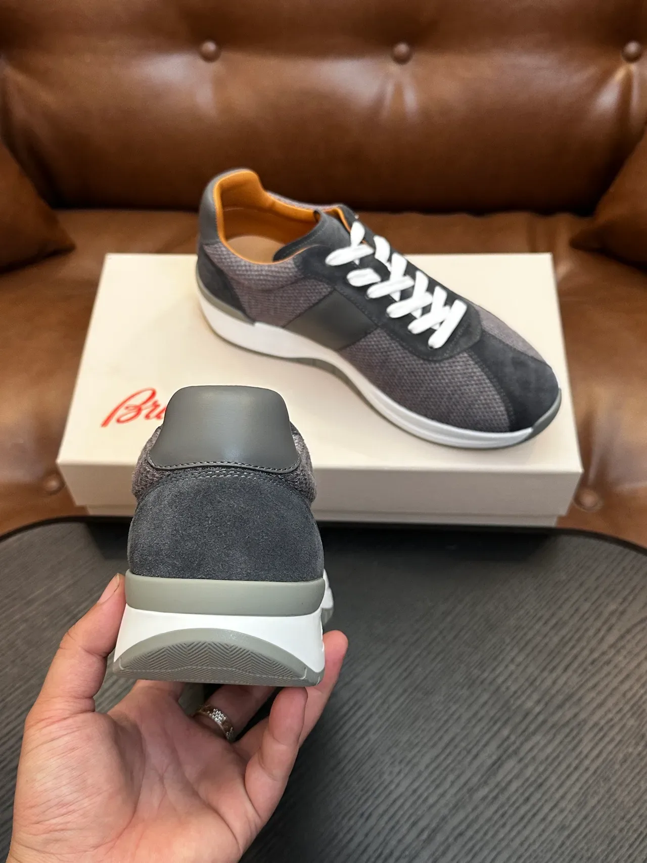 Brioni Gray White Mesh And Suede Hybrid Upper Embossed Brand Script Lifestyle Sneakers 7