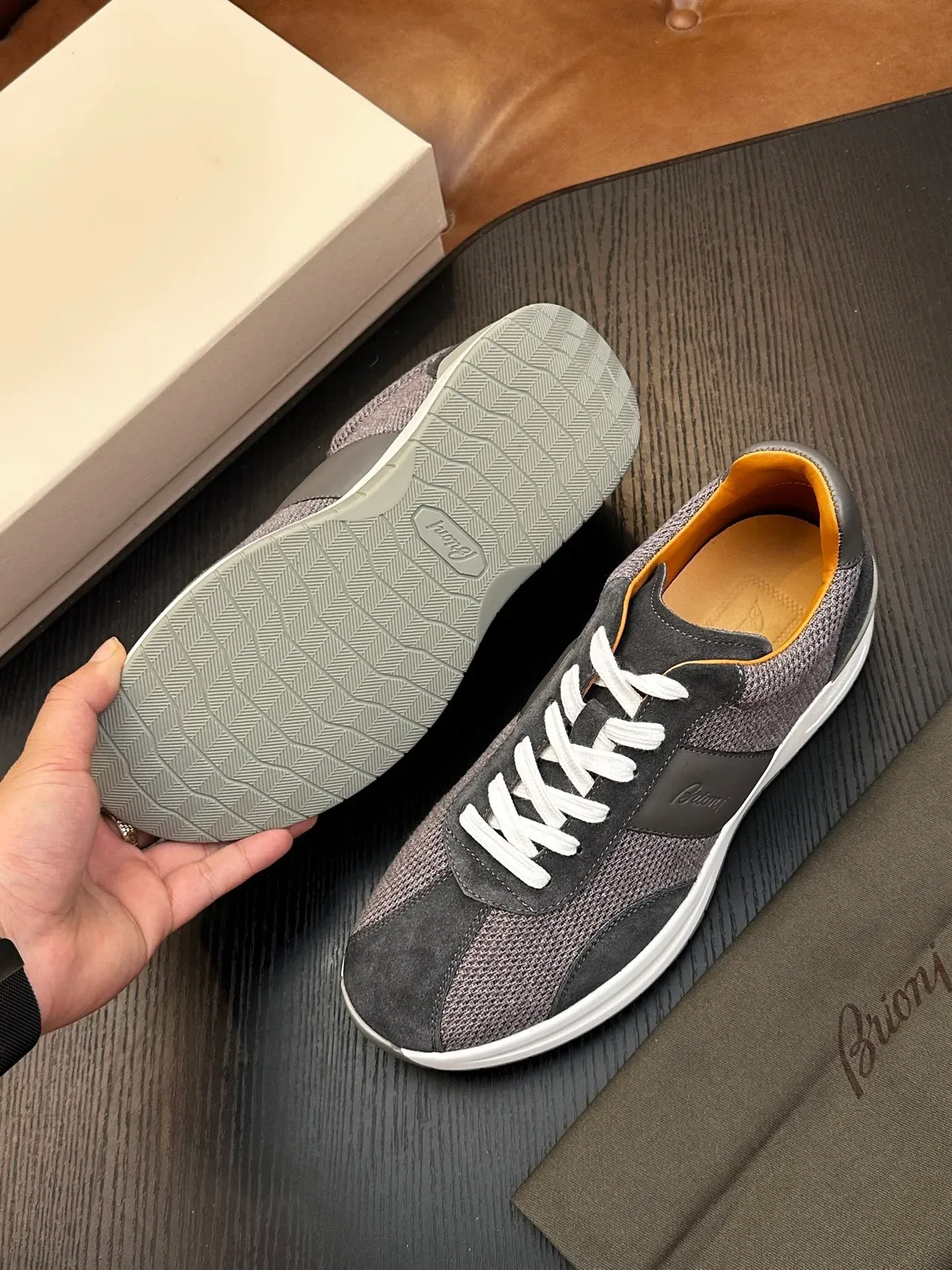 Brioni Gray White Mesh And Suede Hybrid Upper Embossed Brand Script Lifestyle Sneakers 8