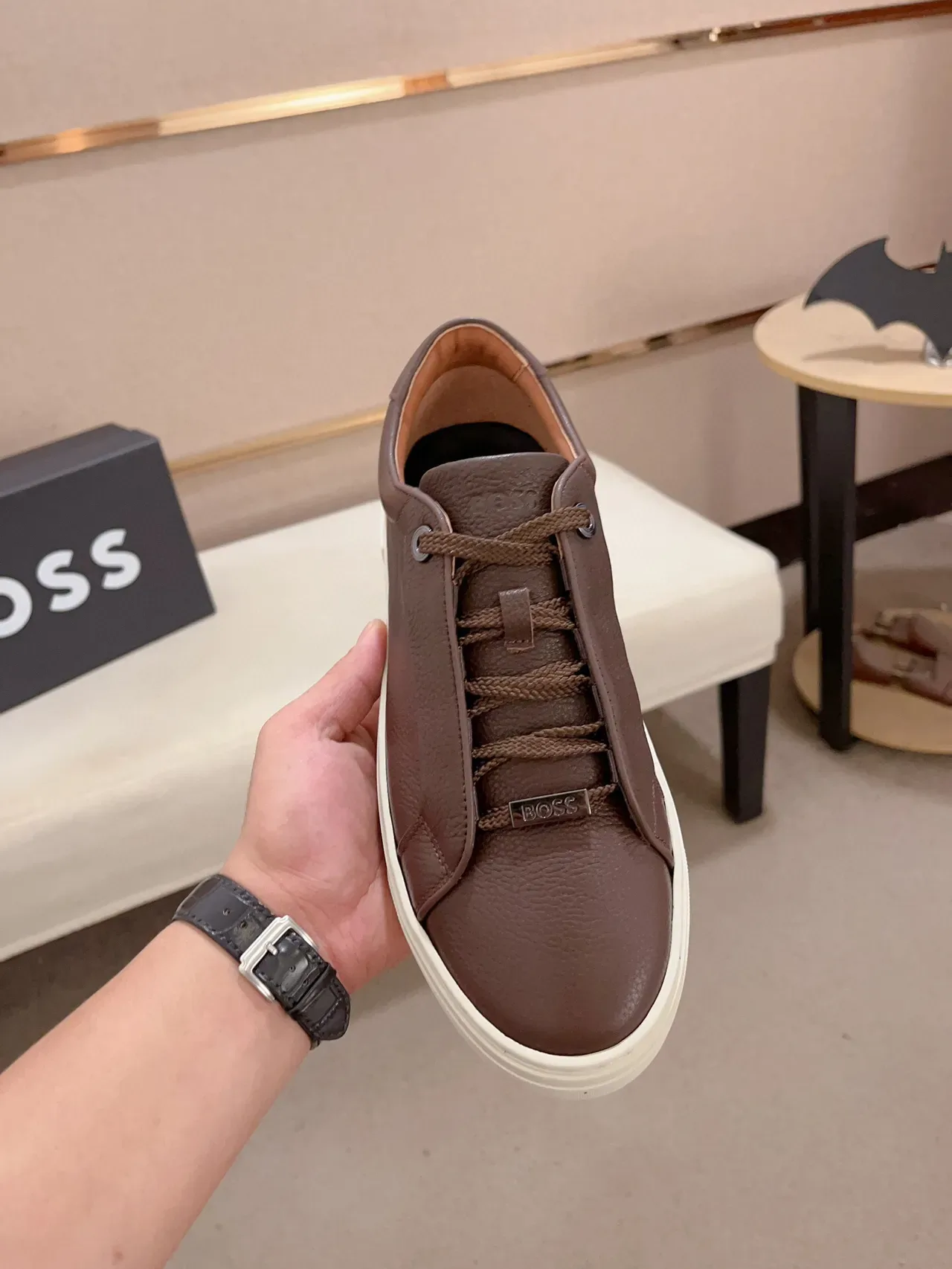 Brown Pebbled Leather Low-Top Platform Sneaker 2