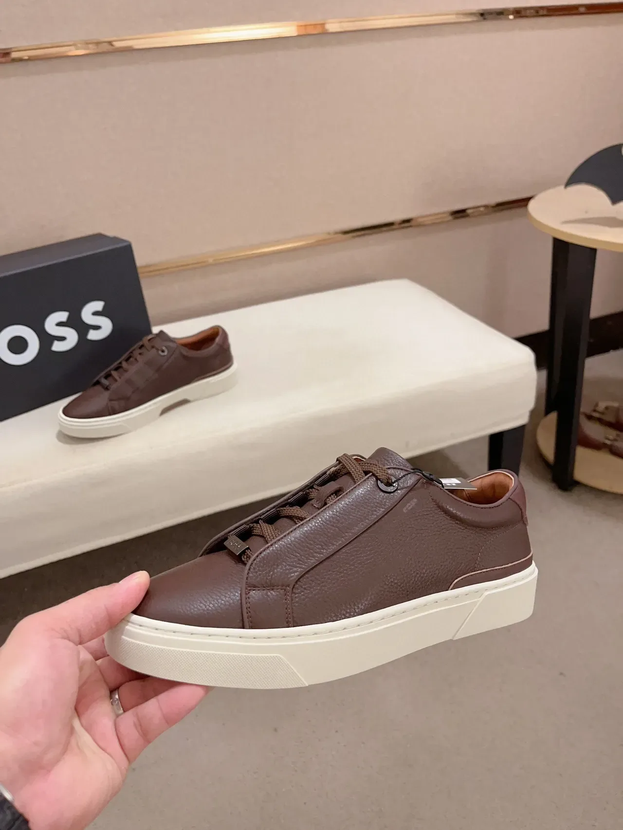 Brown Pebbled Leather Low-Top Platform Sneaker 3