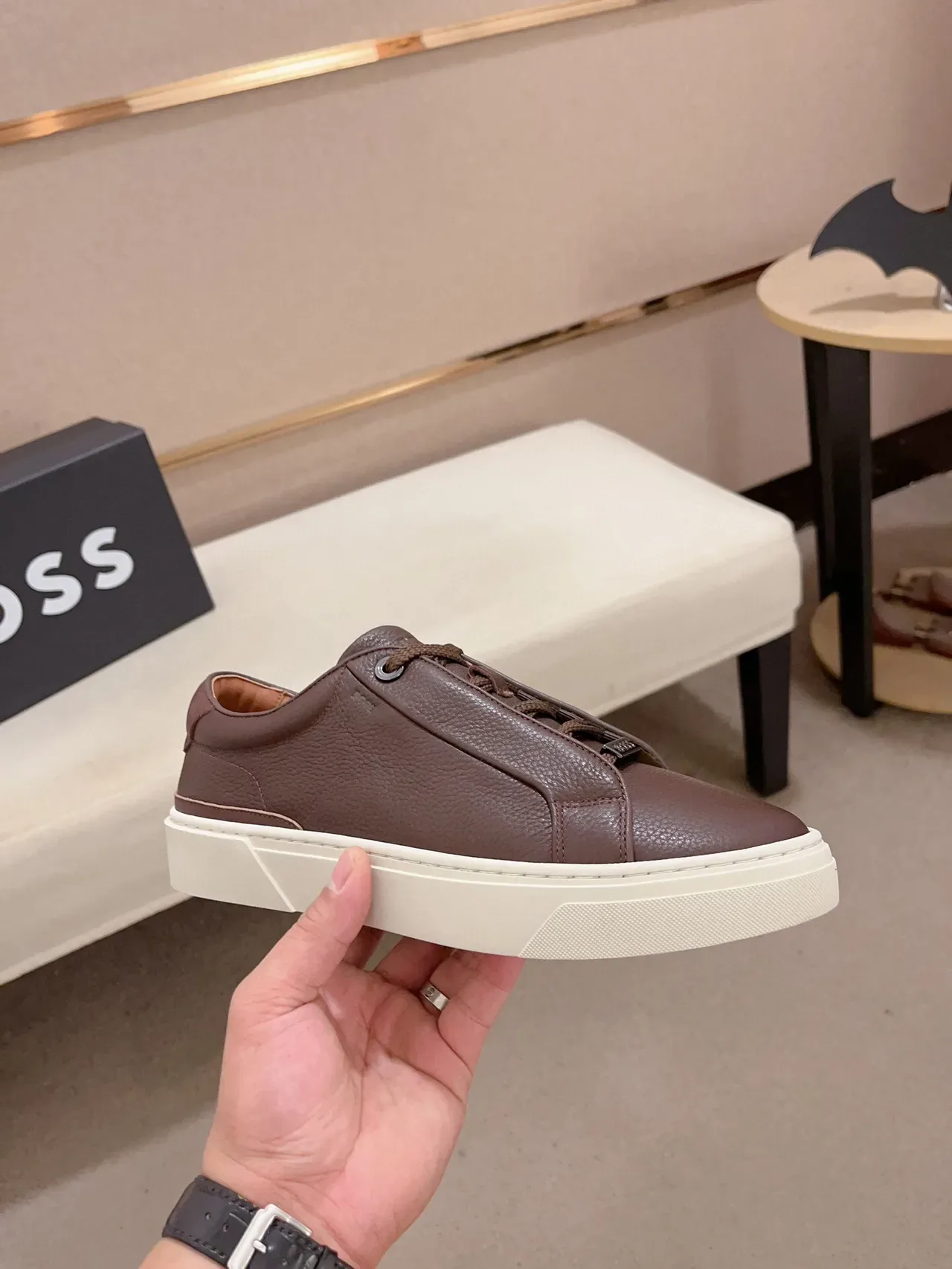Brown Pebbled Leather Low-Top Platform Sneaker 4