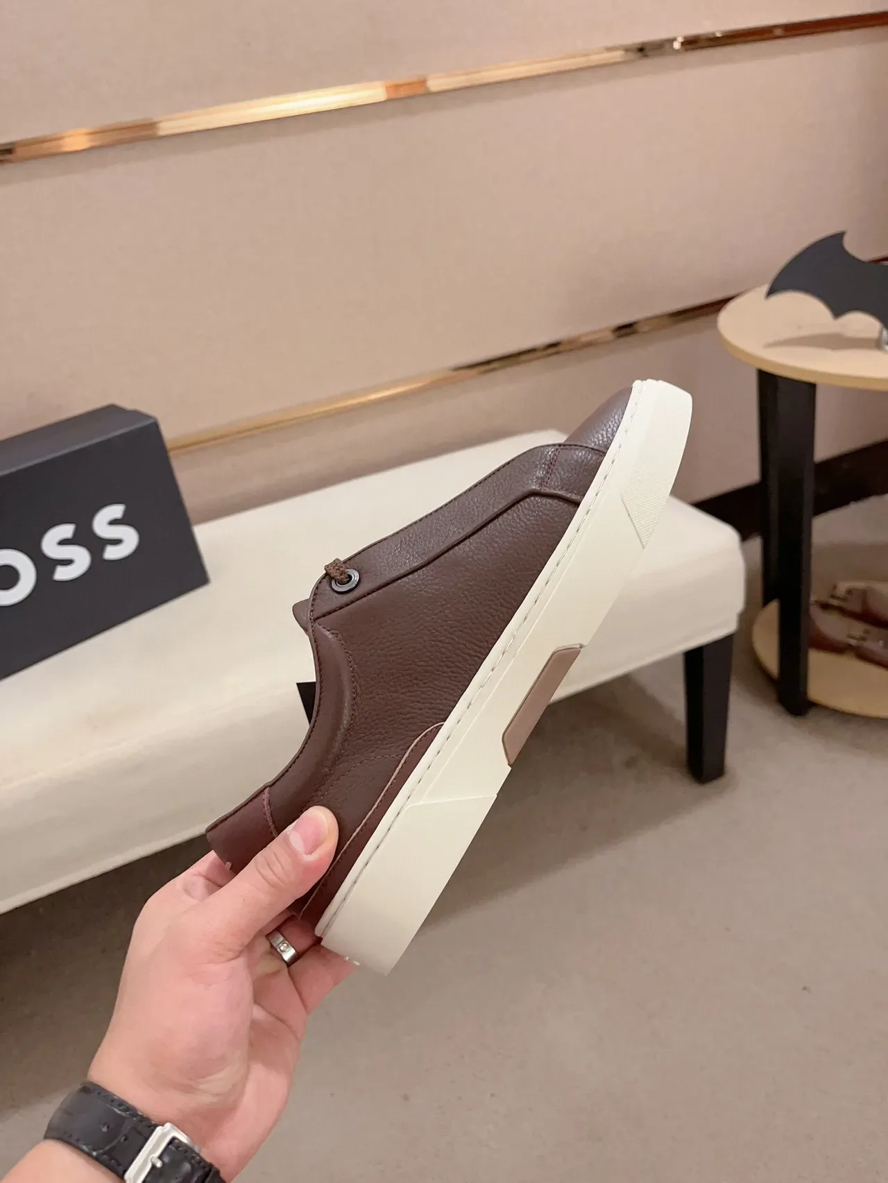 Brown Pebbled Leather Low-Top Platform Sneaker 5