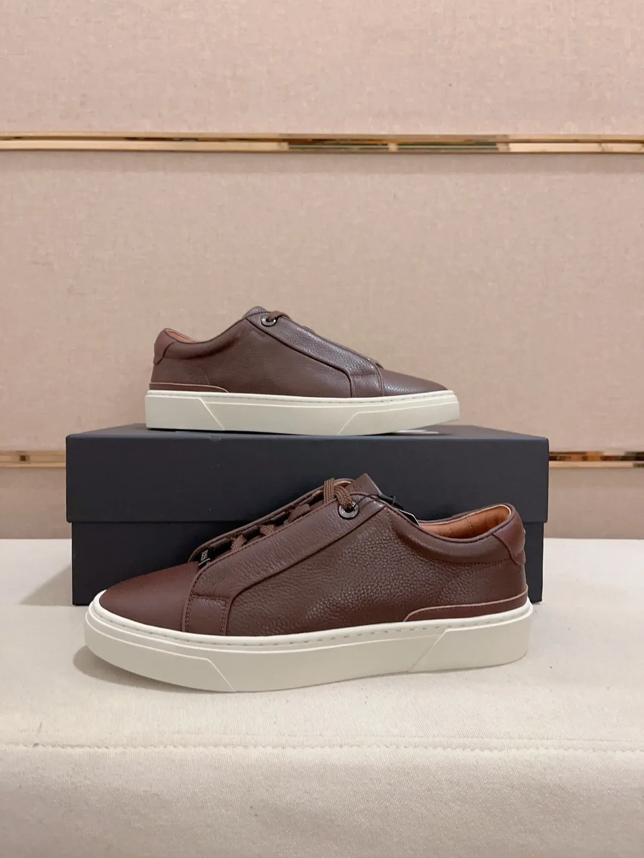 Brown Pebbled Leather Low-Top Platform Sneaker 7