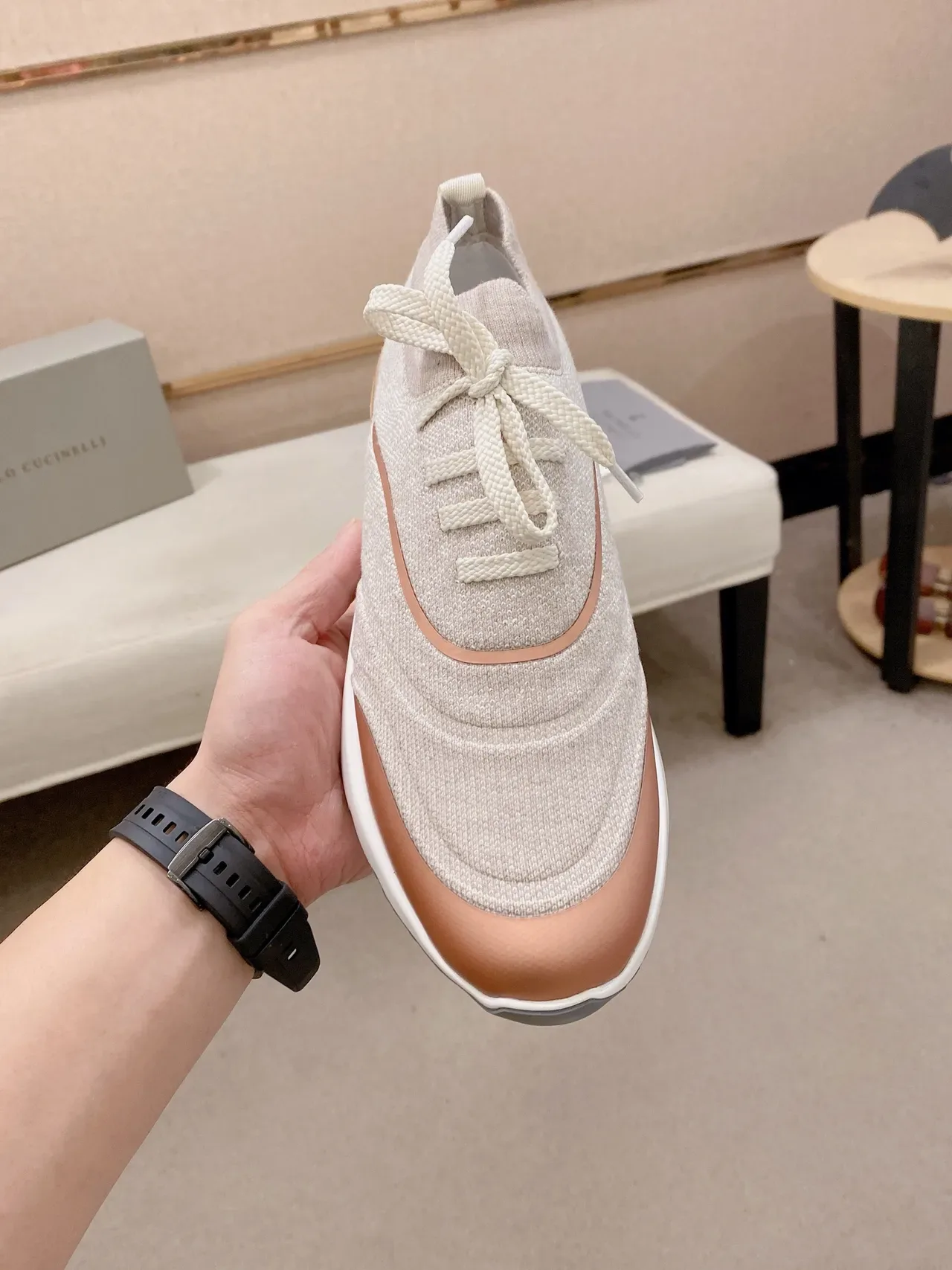 Brunello Cucinelli Beige and Peach Knit Platform Lifestyle Sneaker 4