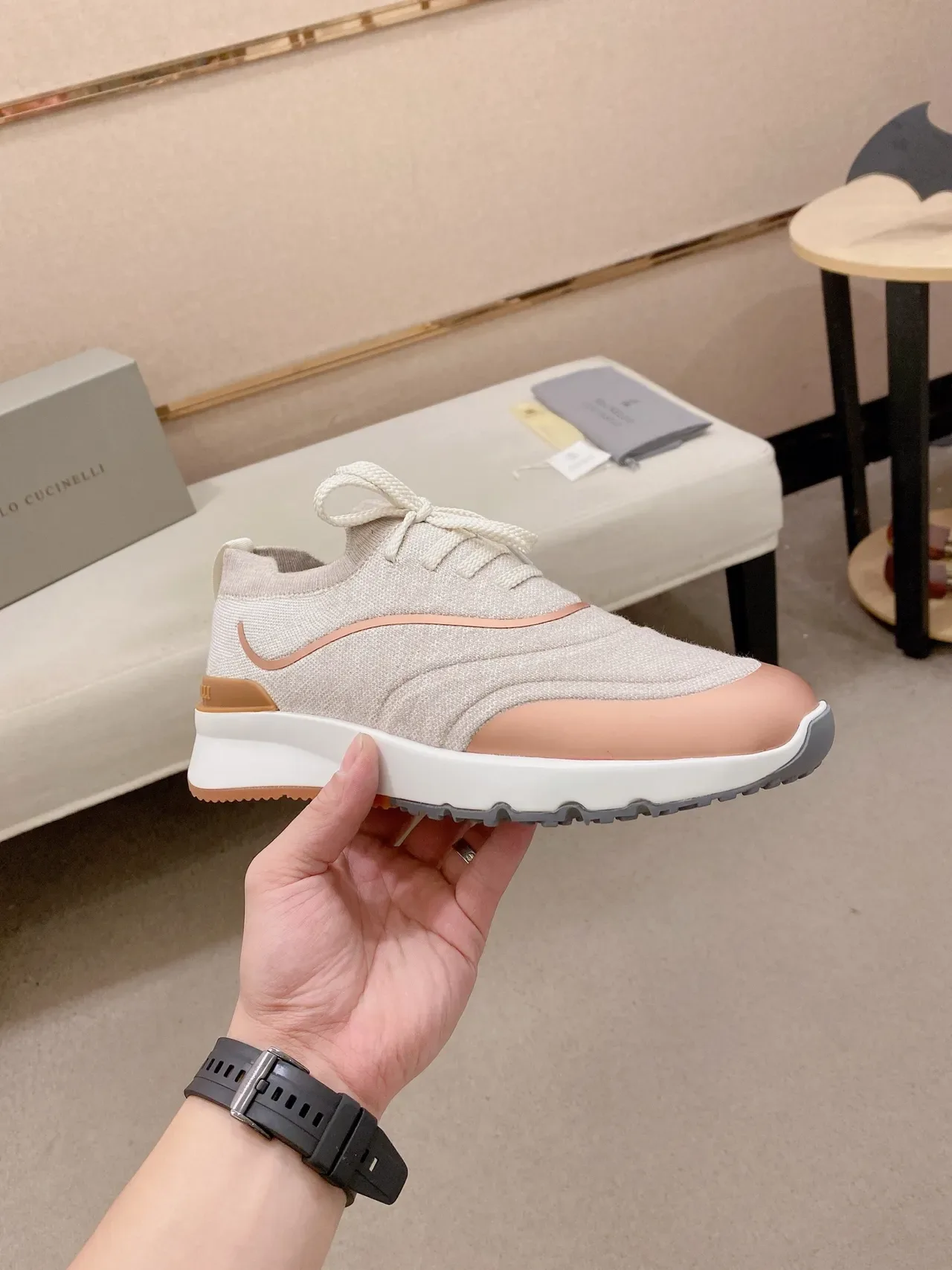 Brunello Cucinelli Beige and Peach Knit Platform Lifestyle Sneaker 5