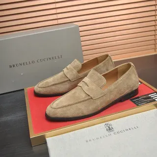 Brunello Cucinelli 米色黑色麂皮鞋面圆头鞋带乐福鞋