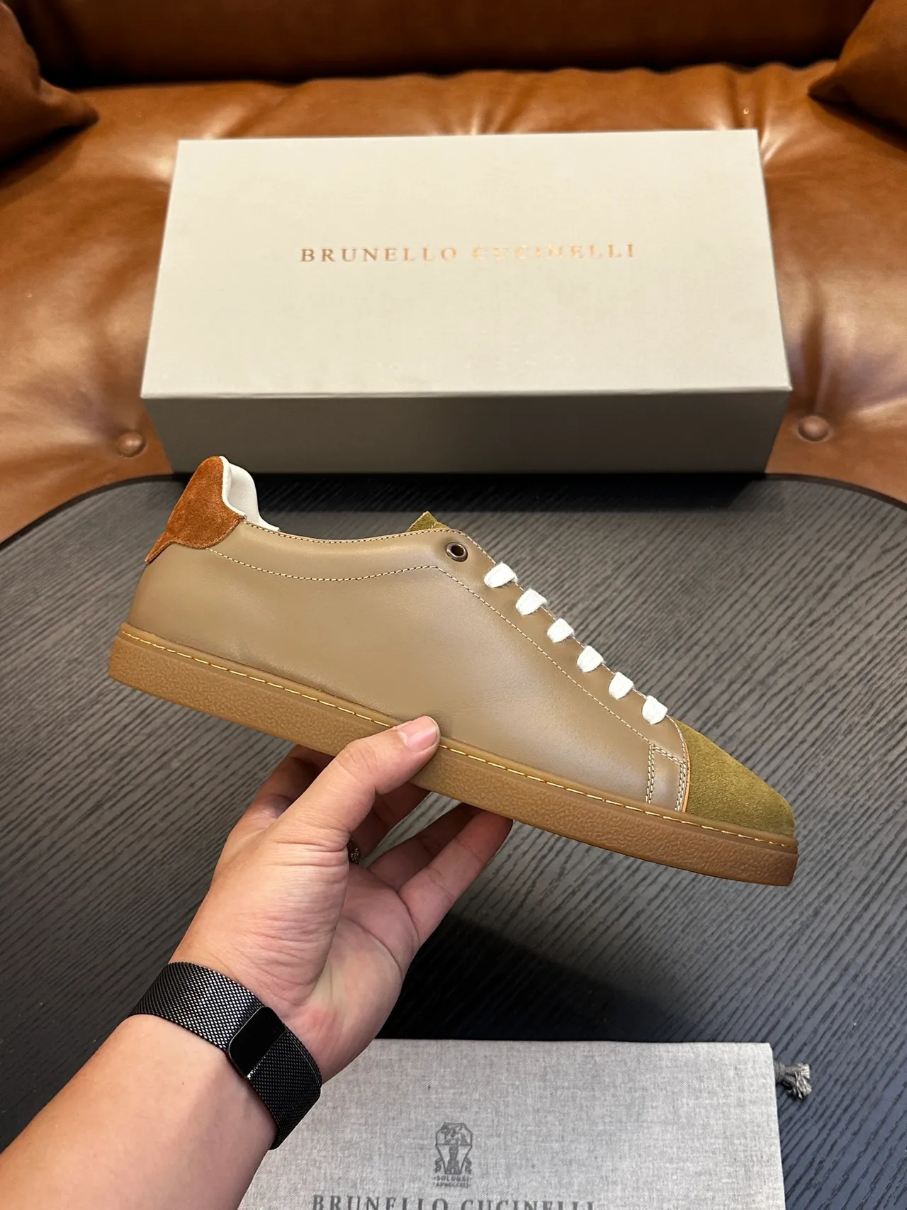 Brunello Cucinelli Brown Green Two-Tone Leather-Suede White Laces Casual Shoes 2