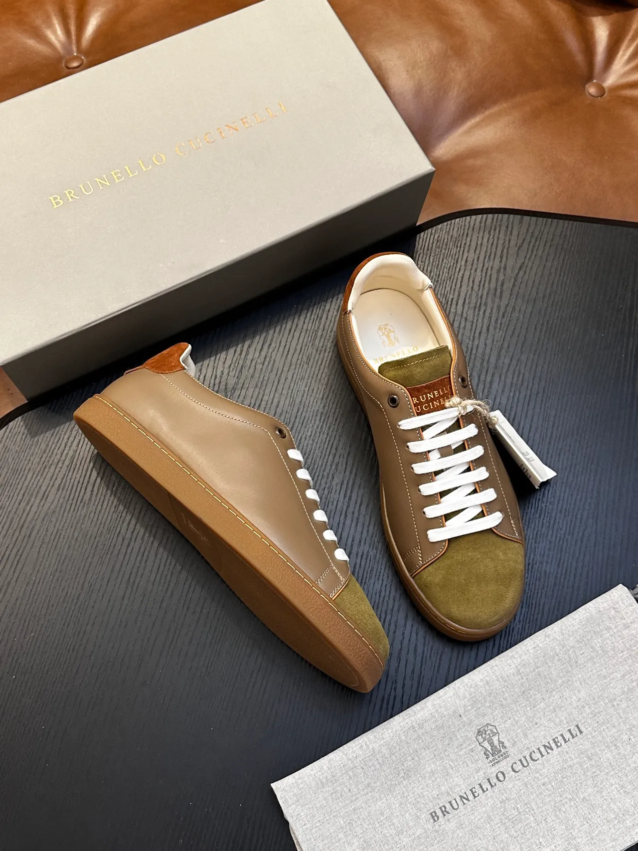 Brunello Cucinelli Brown Green Two-Tone Leather-Suede White Laces Casual Shoes 4