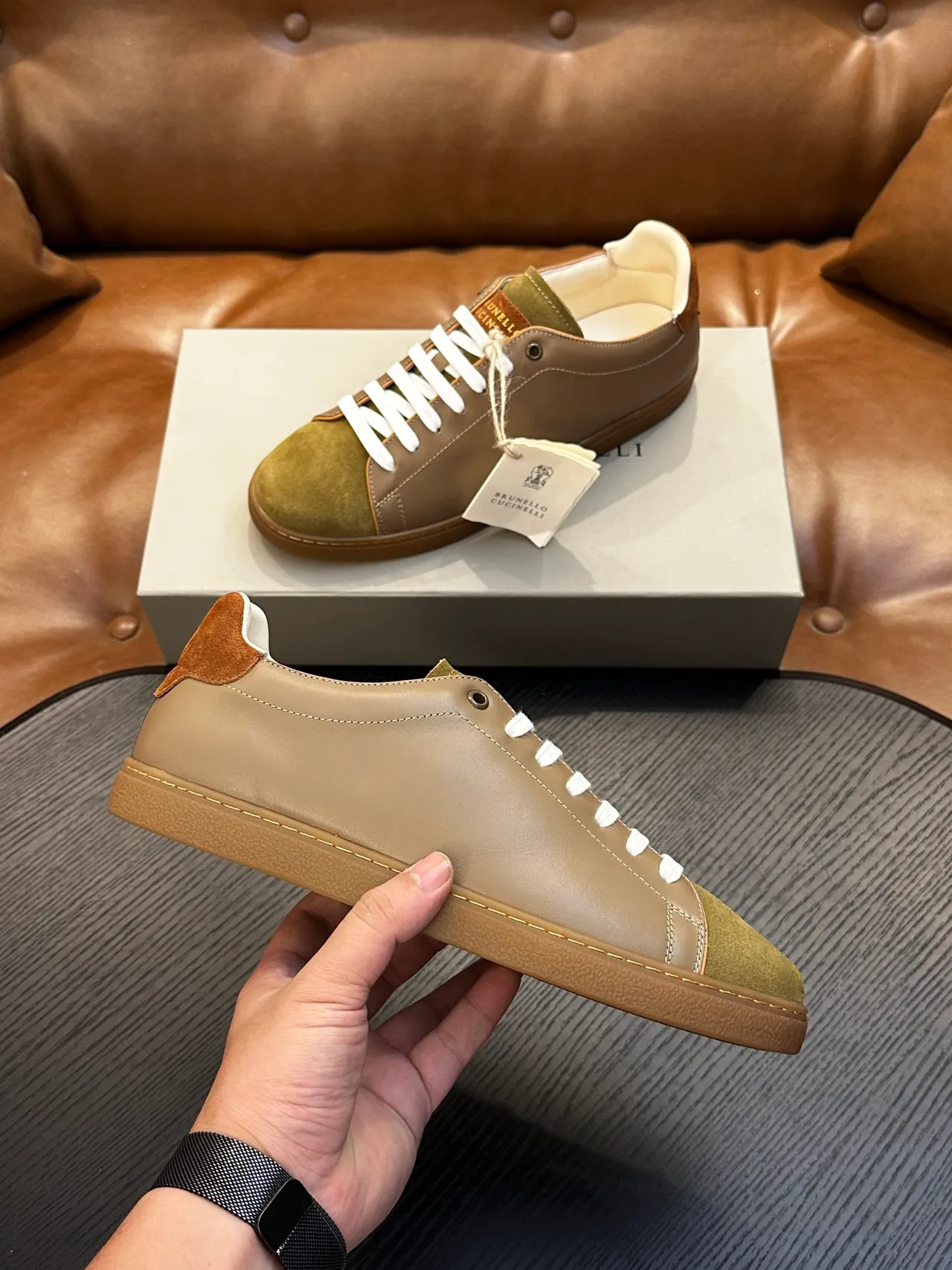 Brunello Cucinelli Brown Green Two-Tone Leather-Suede White Laces Casual Shoes 5