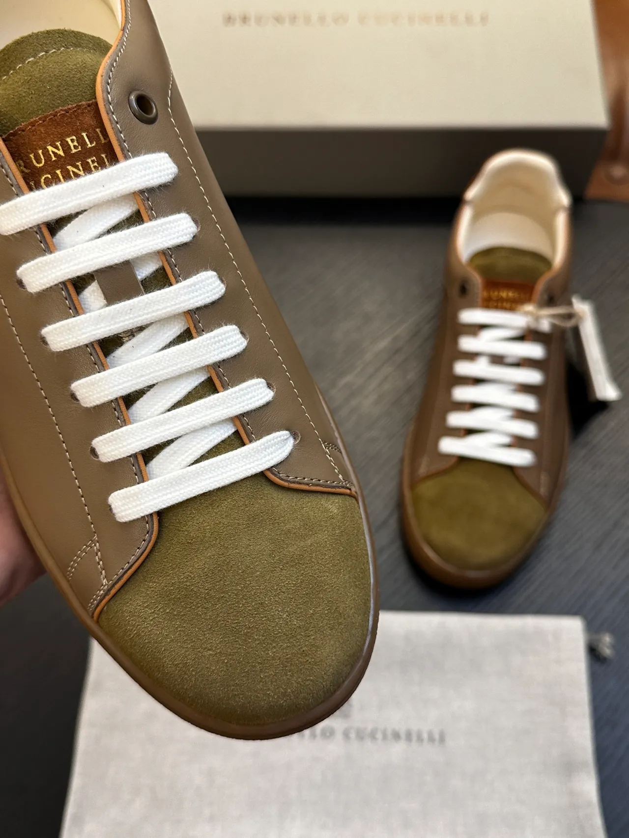 Brunello Cucinelli Brown Green Two-Tone Leather-Suede White Laces Casual Shoes 6