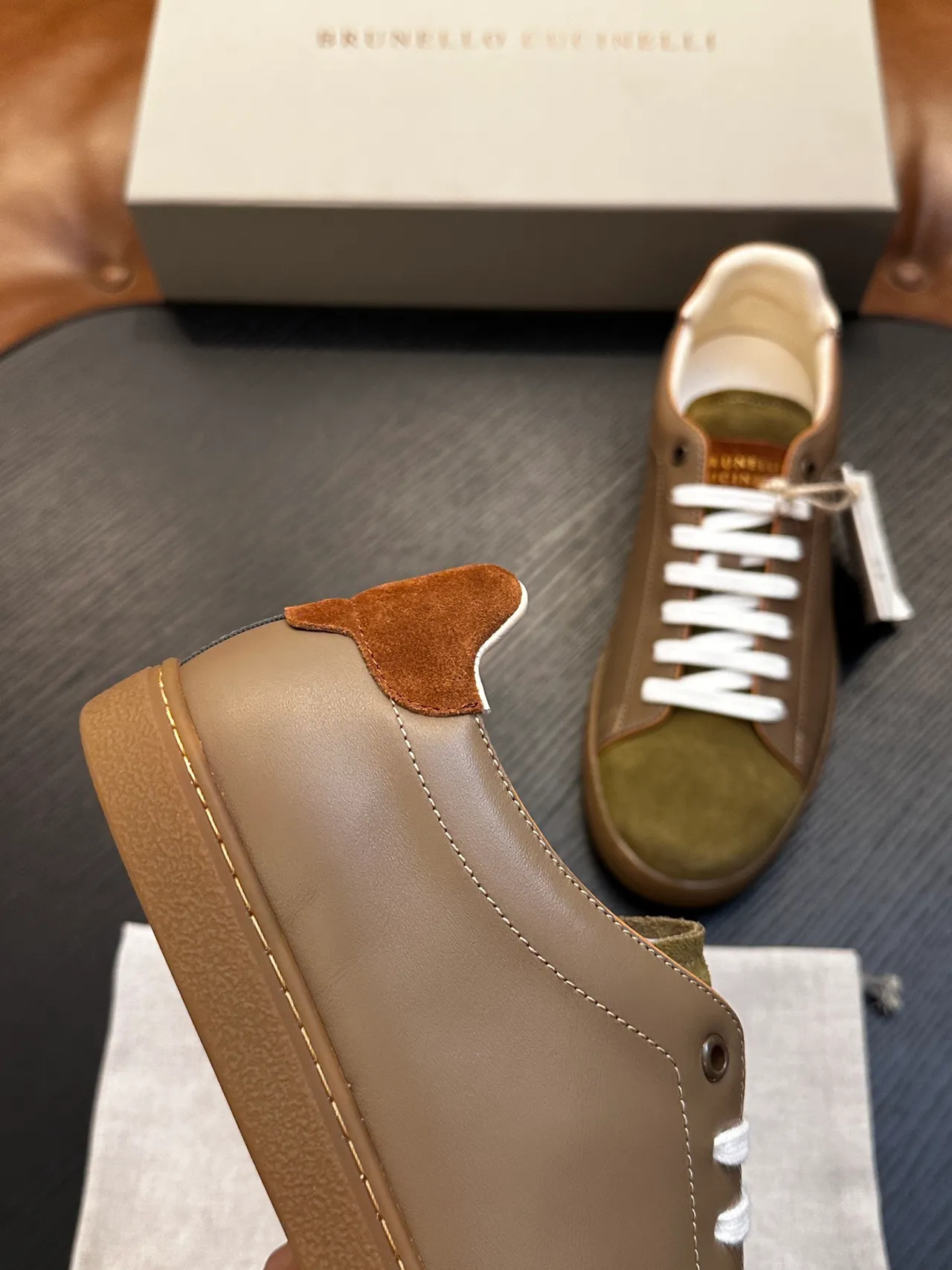 Brunello Cucinelli Brown Green Two-Tone Leather-Suede White Laces Casual Shoes 7