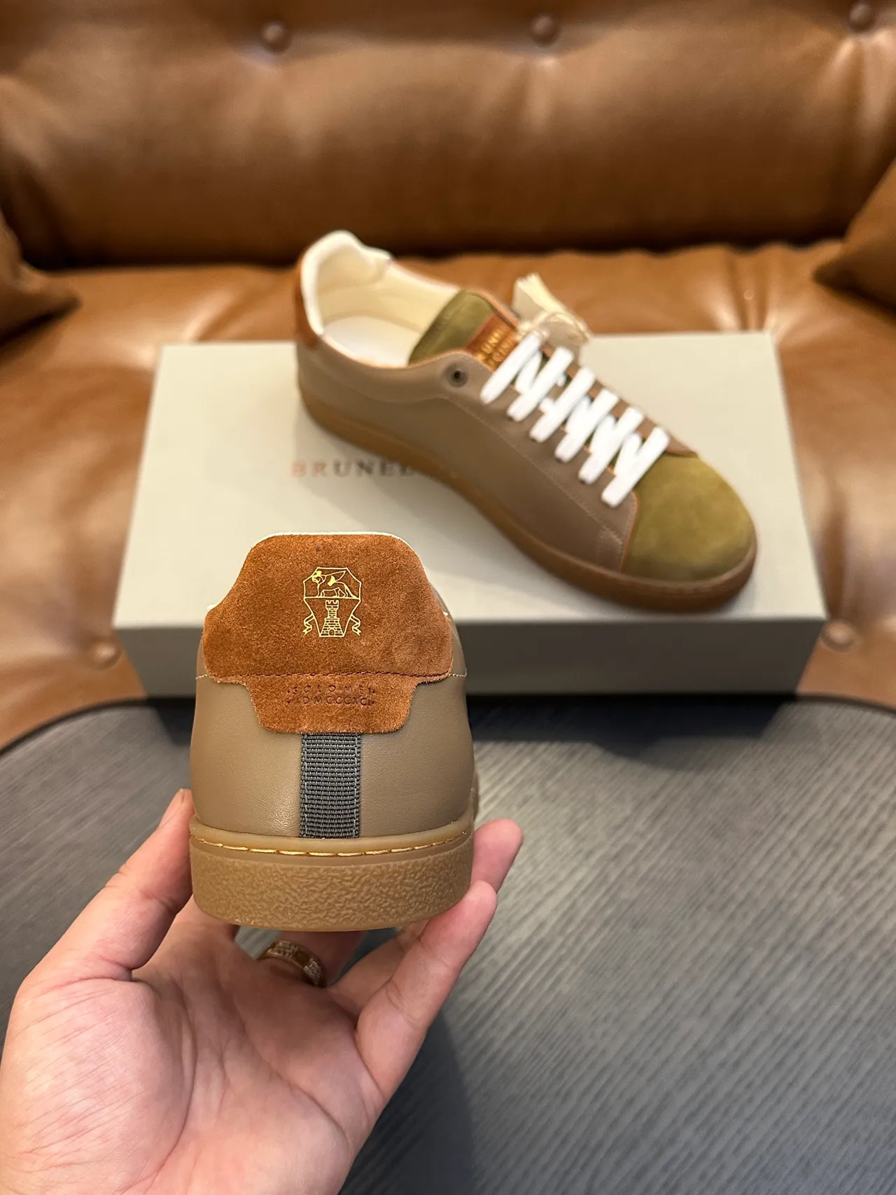 Brunello Cucinelli Brown Green Two-Tone Leather-Suede White Laces Casual Shoes 8