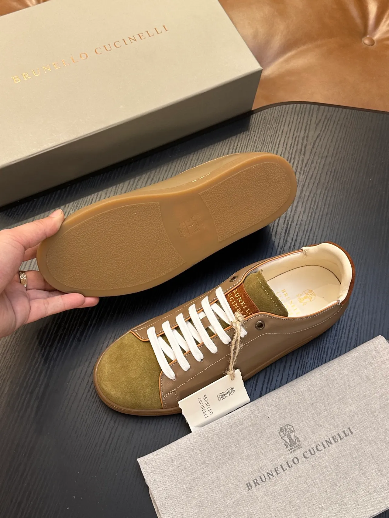 Brunello Cucinelli Brown Green Two-Tone Leather-Suede White Laces Casual Shoes 9