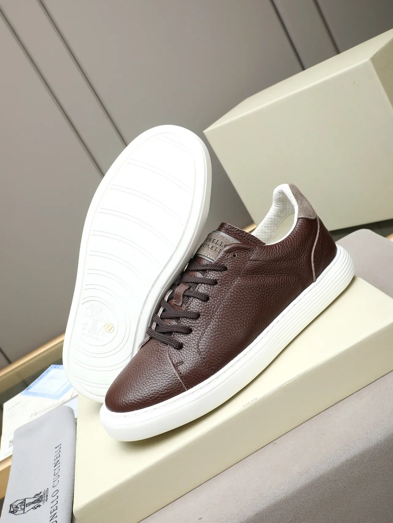 Brunello Cucinelli Brown Pebbled Leather Lifestyle Sneaker 5