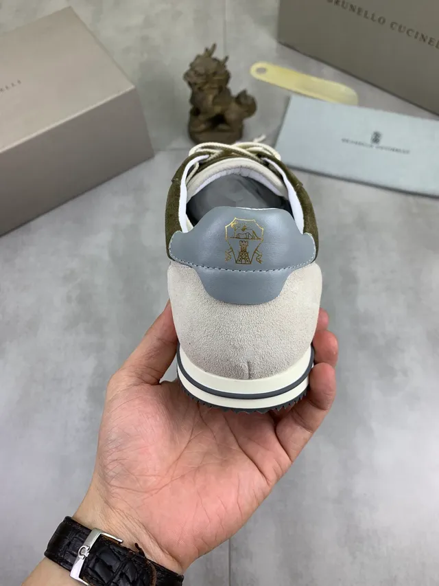 Brunello Cucinelli Olive Green and White Suede Leather Lifestyle Sneakers 3