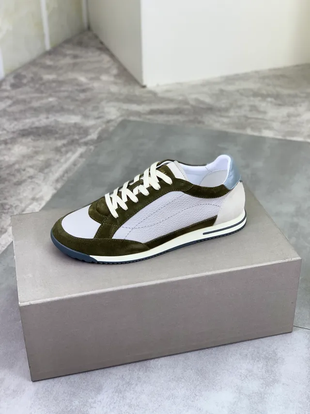 Brunello Cucinelli Olive Green and White Suede Leather Lifestyle Sneakers 4