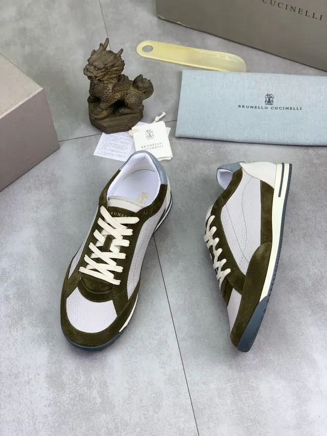 Brunello Cucinelli Olive Green and White Suede Leather Lifestyle Sneakers 5