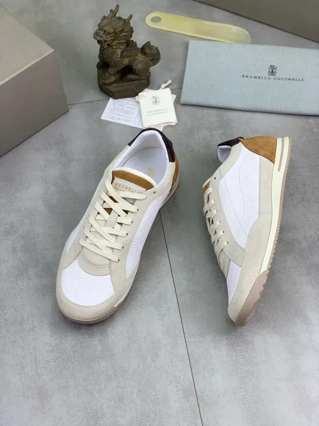 Brunello Cucinelli White and Beige Suede Panel Lifestyle Sneaker 5