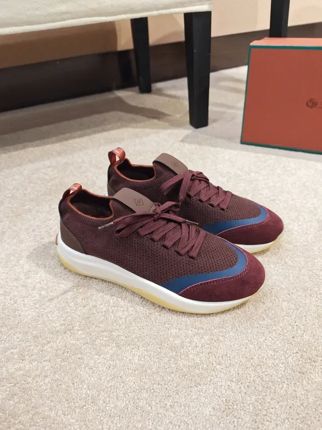 Burgundy Blue Knit Upper Suede Toe Cap Sneakers 4