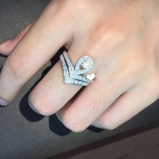 CHAUMET White Silver Teardrop Halo Double V-Band Ring 6