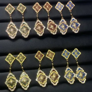 Cloisonné Enamel Crystal-Detailed Two-Tier Floral Dangle Earrings