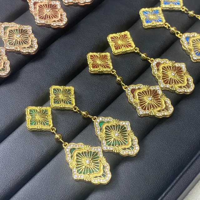 Cloisonné Enamel Crystal-Detailed Two-Tier Floral Dangle Earrings 3