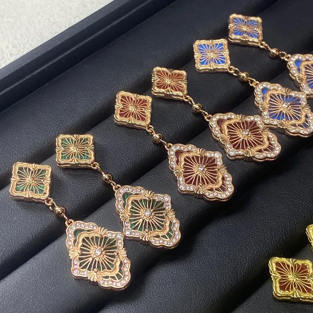 Cloisonné Enamel Crystal-Detailed Two-Tier Floral Dangle Earrings 4