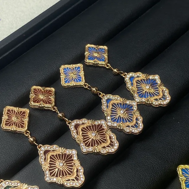 Cloisonné Enamel Crystal-Detailed Two-Tier Floral Dangle Earrings 5