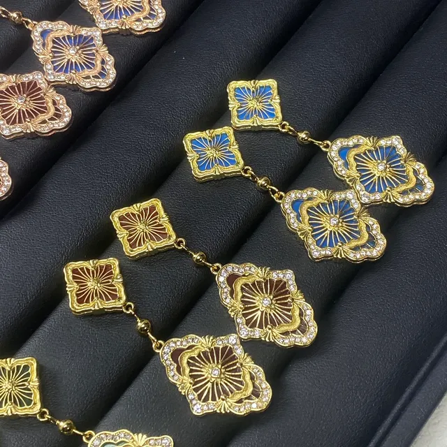 Cloisonné Enamel Crystal-Detailed Two-Tier Floral Dangle Earrings 6