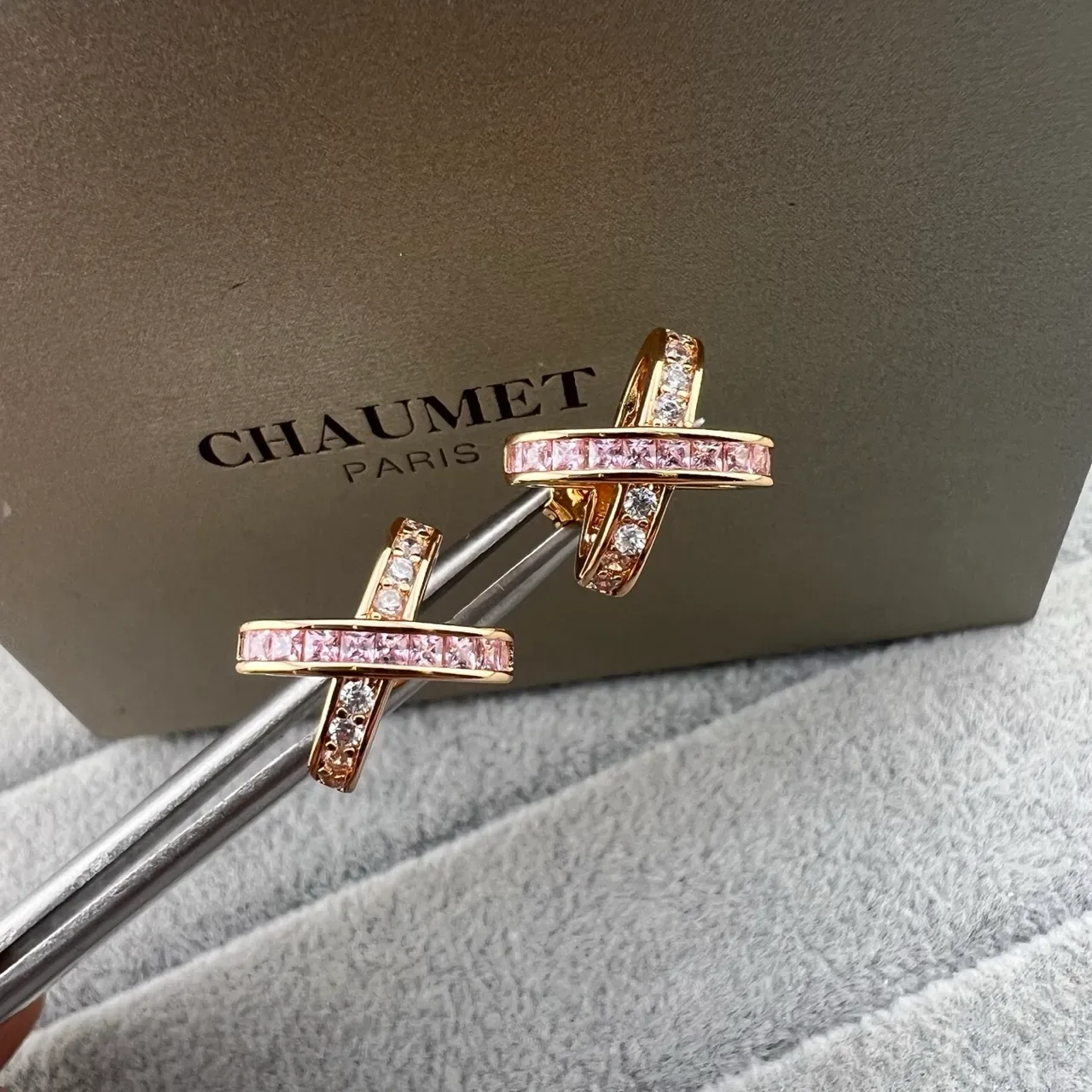 Comet Paris X-Shaped Pavé Pink and Clear Crystal Stud Earrings 2