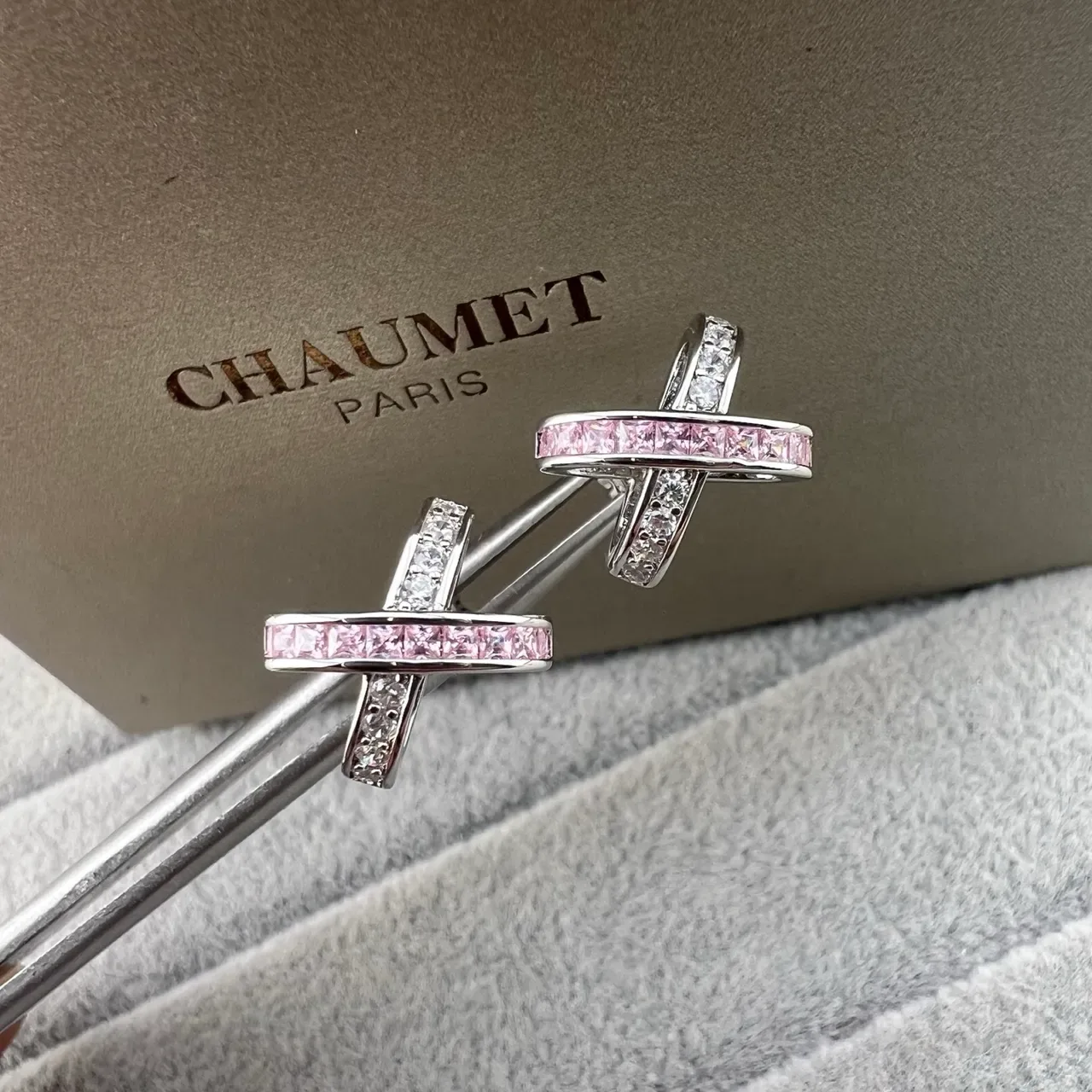 Comet Paris X-Shaped Pavé Pink and Clear Crystal Stud Earrings 3