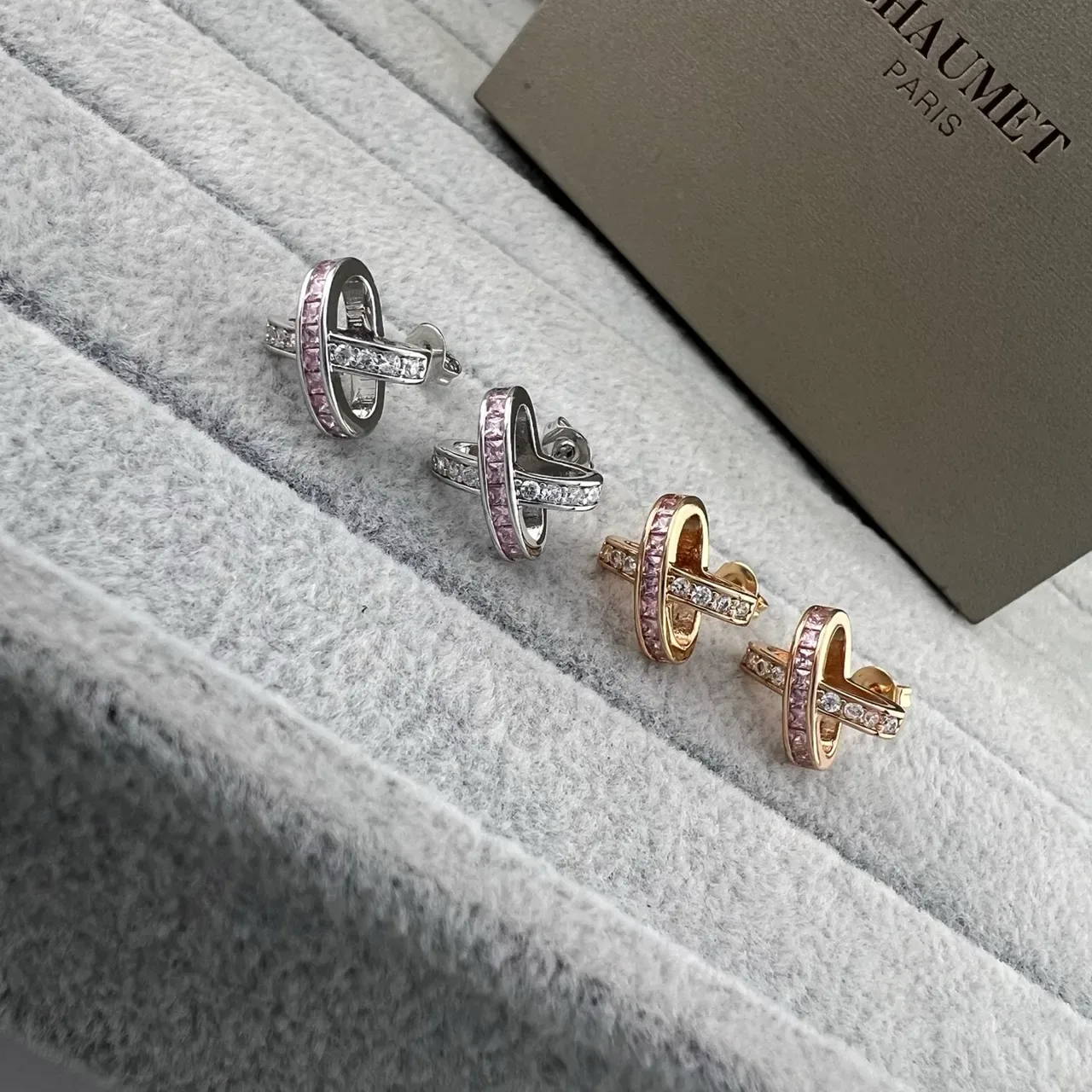 Comet Paris X-Shaped Pavé Pink and Clear Crystal Stud Earrings 4