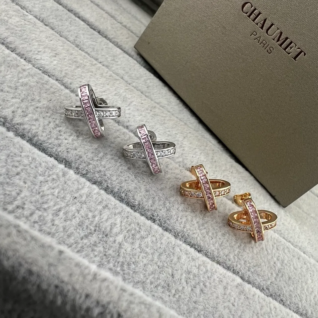 Comet Paris X-Shaped Pavé Pink and Clear Crystal Stud Earrings 5
