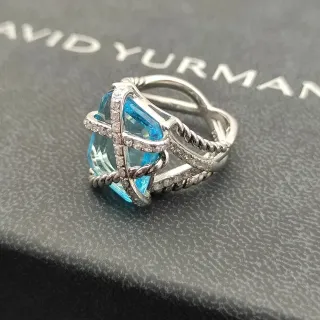 David Yurman Albion Blue Silver Twisted Cable Band Crisscross Diamond-Set Bars Ring