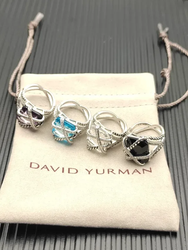 David Yurman Albion Blue Silver Twisted Cable Band Crisscross Diamond-Set Bars Ring 2