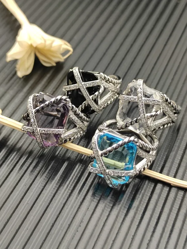 David Yurman Albion Blue Silver Twisted Cable Band Crisscross Diamond-Set Bars Ring 3