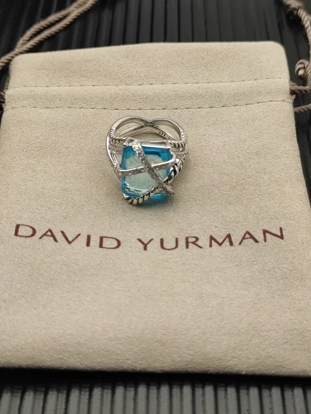 David Yurman Albion Blue Silver Twisted Cable Band Crisscross Diamond-Set Bars Ring 5