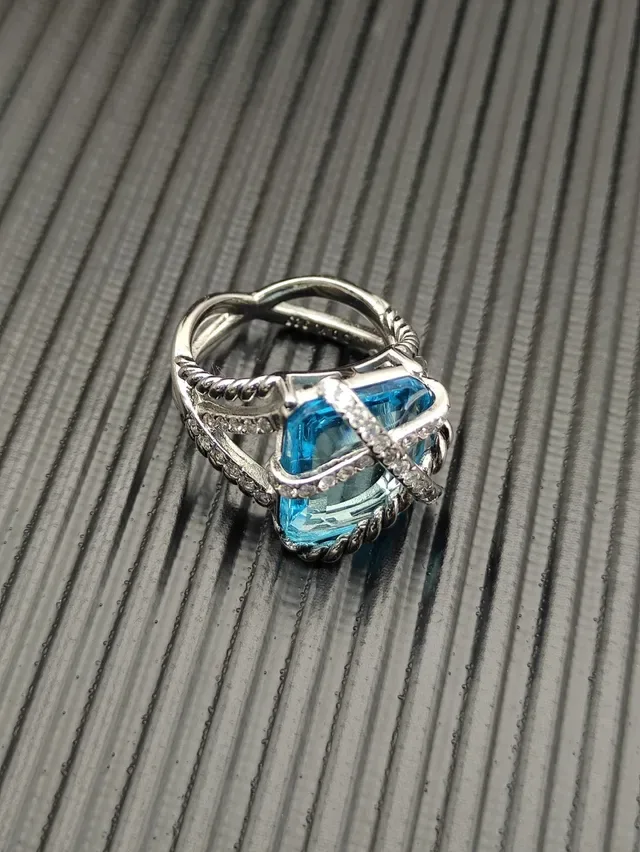 David Yurman Albion Blue Silver Twisted Cable Band Crisscross Diamond-Set Bars Ring 6
