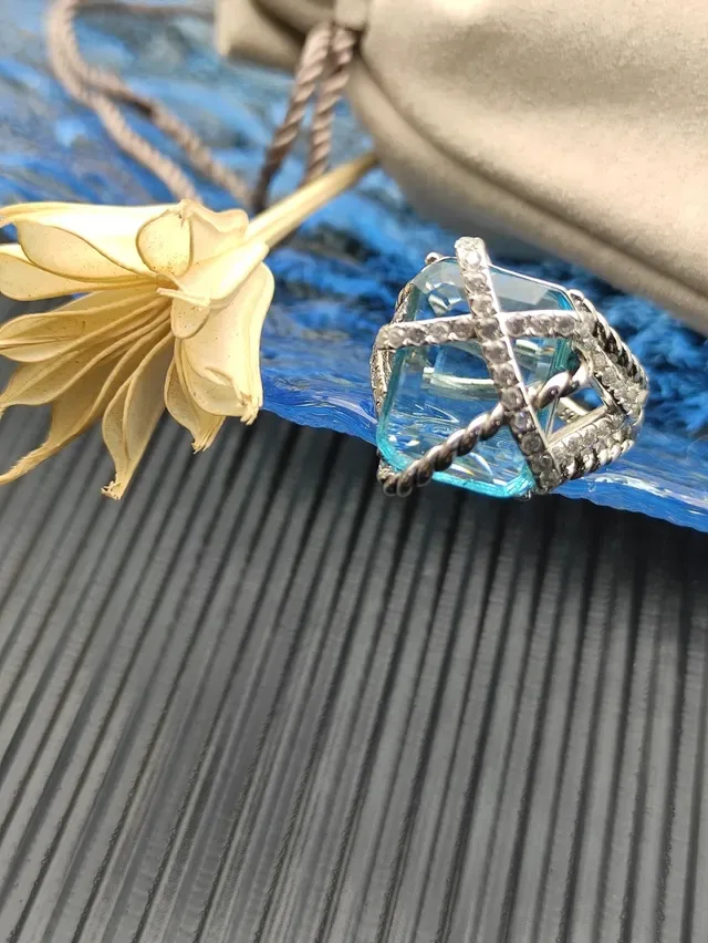 David Yurman Albion Blue Silver Twisted Cable Band Crisscross Diamond-Set Bars Ring 8