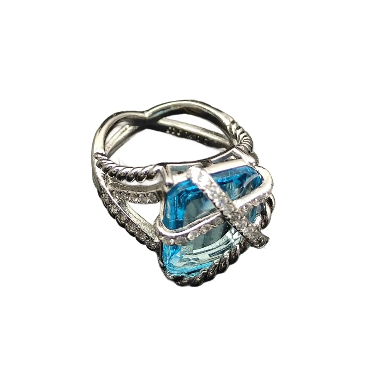 David Yurman Albion Blue Silver Twisted Cable Band Crisscross Diamond-Set Bars Ring 9