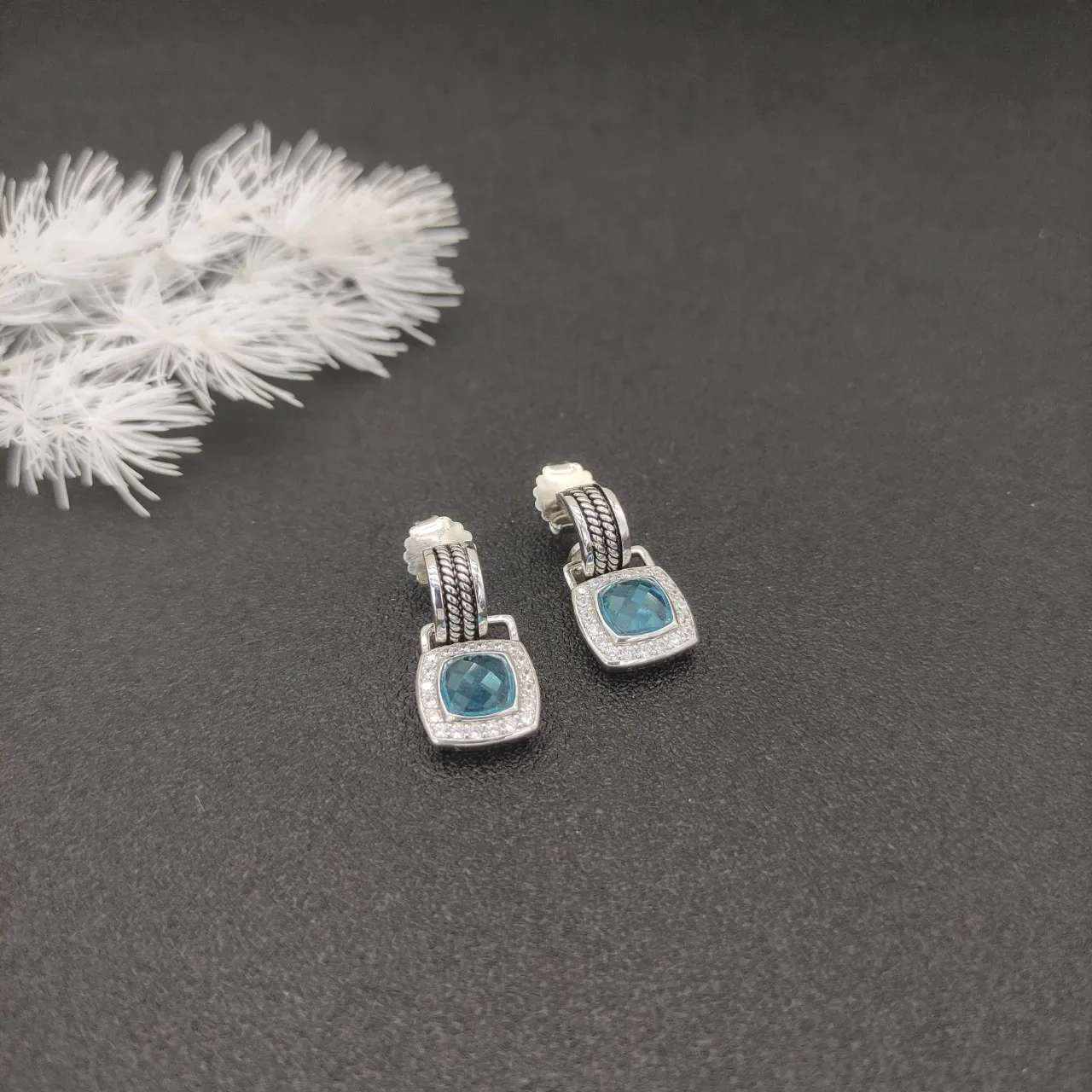 David Yurman Cable Classics Cushion-Cut Blue Gemstone Pavé Halo Earrings 2