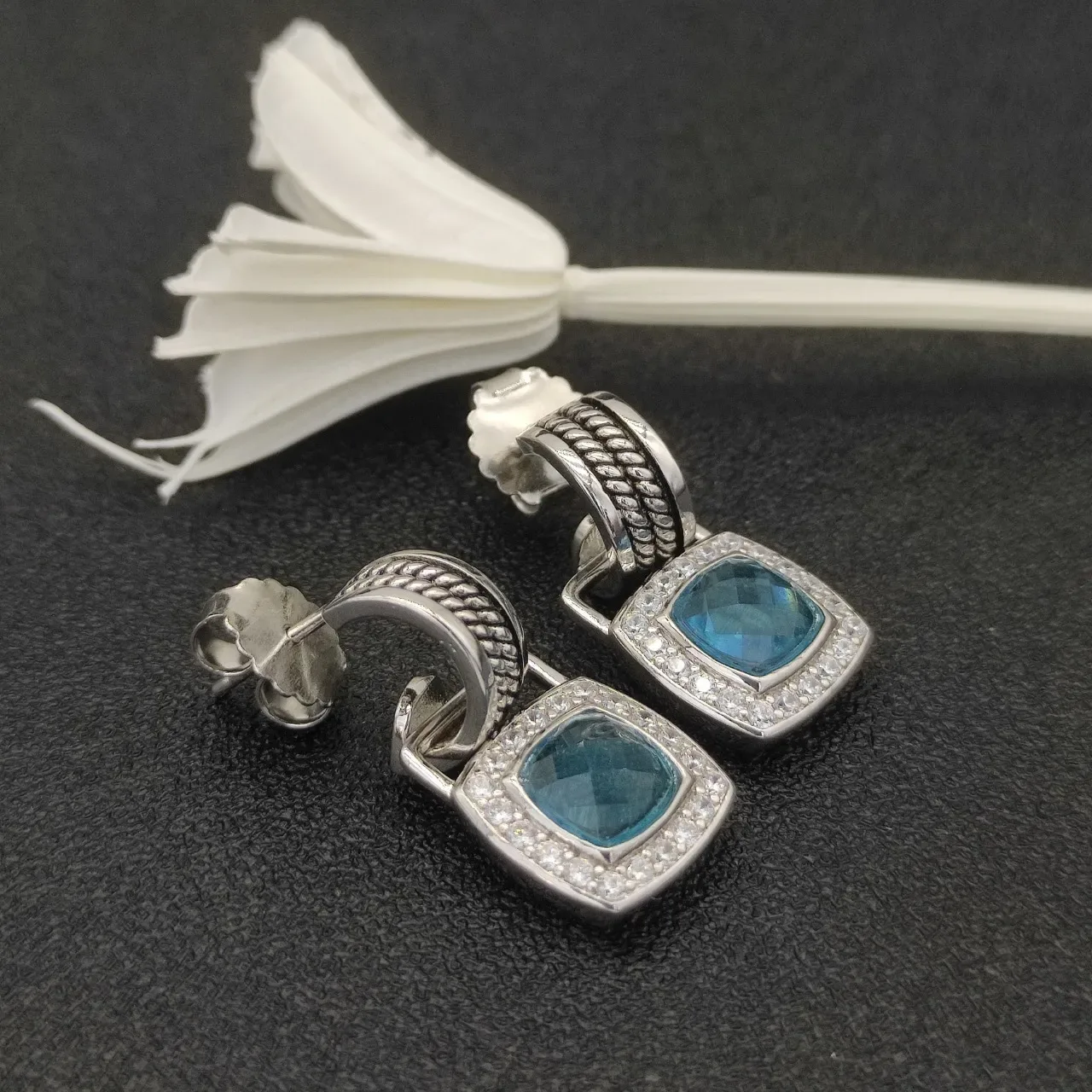 David Yurman Cable Classics Cushion-Cut Blue Gemstone Pavé Halo Earrings 3