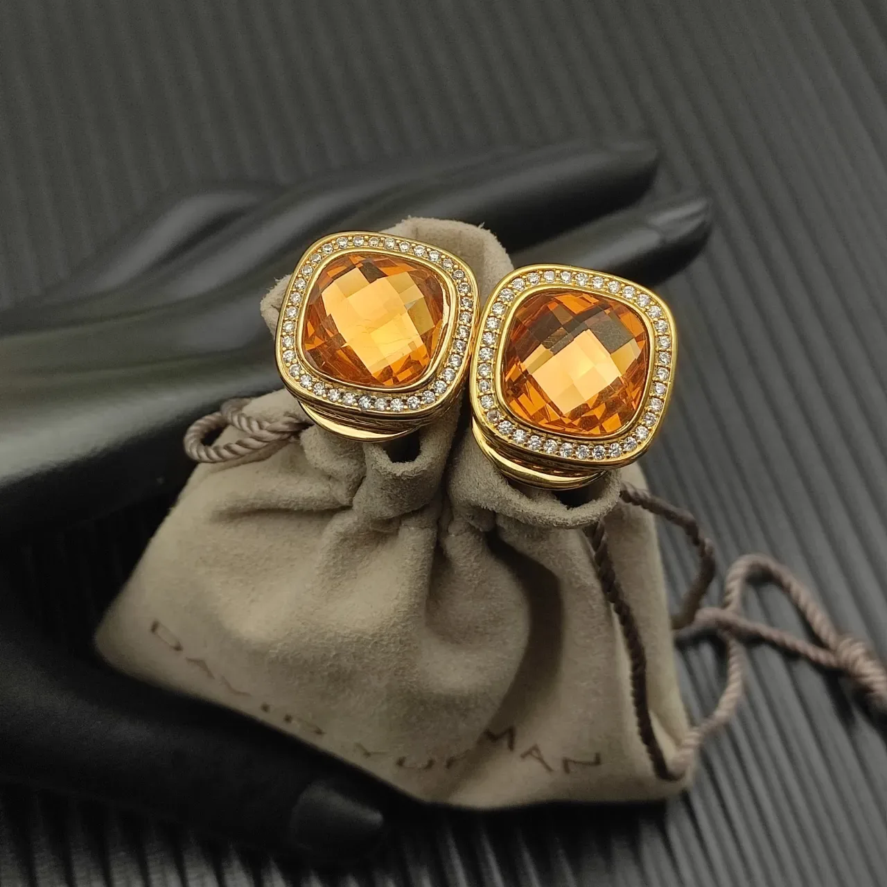 David Yurman Cushion-Cut Amber Stone Pavé Halo Gold Earrings 6